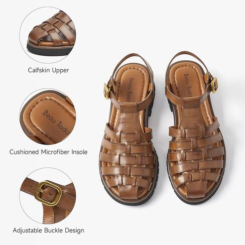 Beau Today Womens Platform Sandals Fisherman Sandals ، صندل مصارع مكتنزة للنساء ، وصندل من جلد أخمص القدمين مغلق ، وأزياء مريحة خفيفة الوزن مع إبزيم قابلة للتعديل in Kuwait