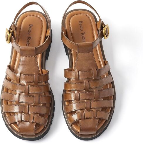Beau Today Womens Platform Sandals Fisherman Sandals ، صندل مصارع مكتنزة للنساء ، وصندل من جلد أخمص القدمين مغلق ، وأزياء مريحة خفيفة الوزن مع إبزيم قابلة للتعديل in Kuwait