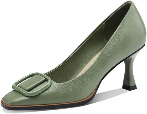 Women's Genuine Leather Square Toe Handmade Stiletto Mid Heels Pumps Shoes with Buckle in Saudi Arabia