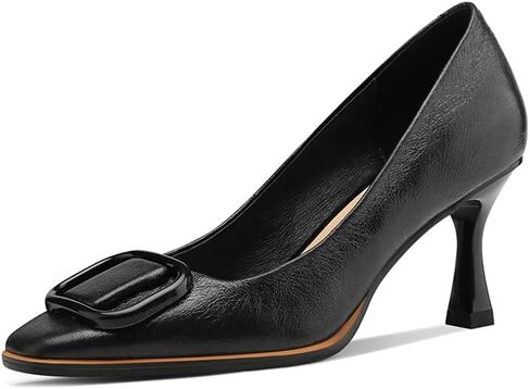 Women's Genuine Leather Square Toe Handmade Stiletto Mid Heels Pumps Shoes with Buckle in Saudi Arabia