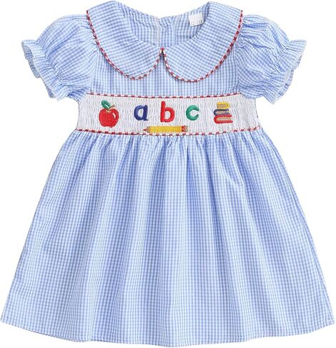 Little Baby Girl Back to School Clothes Embroidery Plaid Dresses Short Sleeve Smocked Dress Summer Princess Outfit in Kuwait
