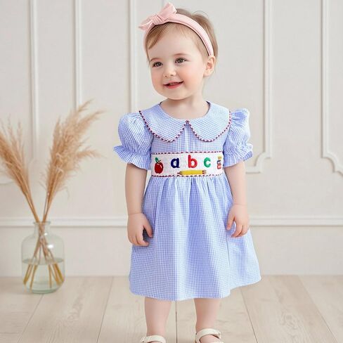 Little Baby Girl Back to School Clothes Embroidery Plaid Dresses Short Sleeve Smocked Dress Summer Princess Outfit in Kuwait