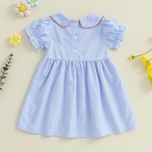 Little Baby Girl Back to School Clothes Embroidery Plaid Dresses Short Sleeve Smocked Dress Summer Princess Outfit in Kuwait