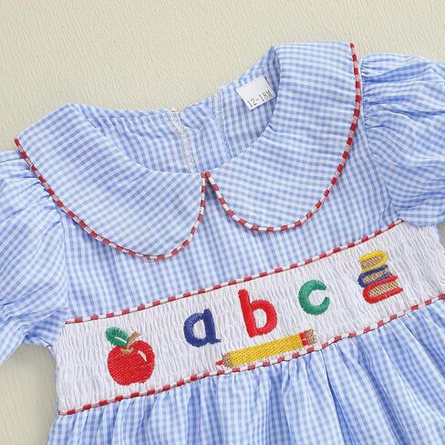 Little Baby Girl Back to School Clothes Embroidery Plaid Dresses Short Sleeve Smocked Dress Summer Princess Outfit in Kuwait