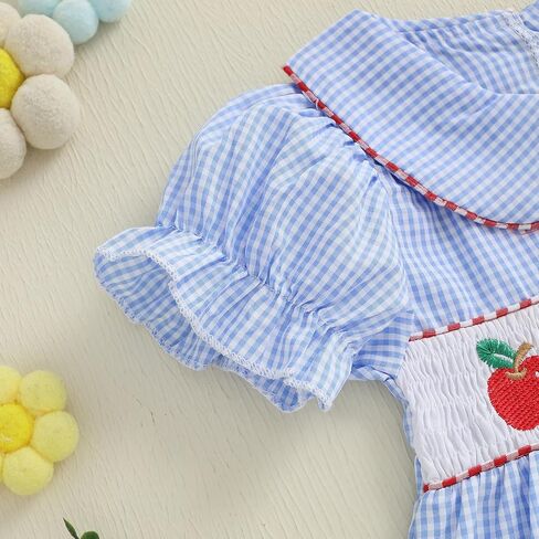 Little Baby Girl Back to School Clothes Embroidery Plaid Dresses Short Sleeve Smocked Dress Summer Princess Outfit in Kuwait