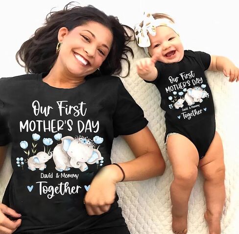 NAZENTI Personalized Our First Mothers Day Matching Shirts, Mom Baby Matching Outfits Mothers Day 2023, Elephant shirt in Kuwait