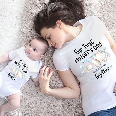 NAZENTI Personalized Our First Mothers Day Matching Shirts, Mom Baby Matching Outfits Mothers Day 2023, Elephant shirt in Kuwait