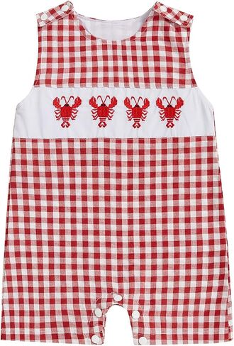 Karuedoo Newborn Baby Boy Summer Clothes Animal Embroidery Plaid Sleeveless Romper Jumpsuit Overall Bodysuit One-Piece Outfit in Saudi Arabia