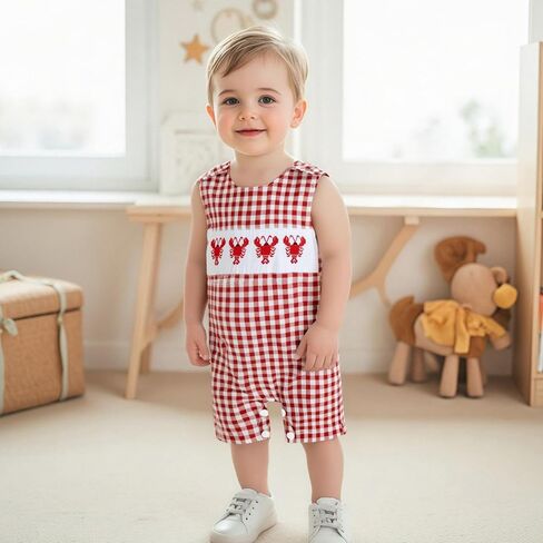 Karuedoo Newborn Baby Boy Summer Clothes Animal Embroidery Plaid Sleeveless Romper Jumpsuit Overall Bodysuit One-Piece Outfit in Saudi Arabia