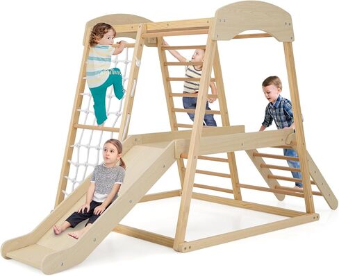 Honey Joy Kids Indoor Jungle Gym ، متسلق ملعب كبير 6 في 1 مع منحدر شرائح ، حانات قرد ، شبكة تسلق ، سلم ، ألعاب تسلق مونتيسوري الخشبية للأطفال الصغار الصغار (ملون) in Kuwait