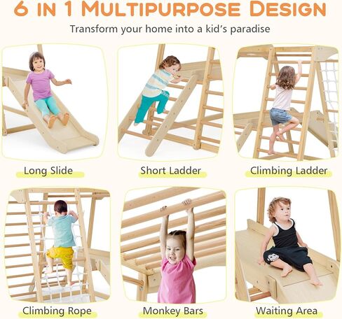 Honey Joy Kids Indoor Jungle Gym ، متسلق ملعب كبير 6 في 1 مع منحدر شرائح ، حانات قرد ، شبكة تسلق ، سلم ، ألعاب تسلق مونتيسوري الخشبية للأطفال الصغار الصغار (ملون) in Kuwait