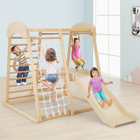 Honey Joy Kids Indoor Jungle Gym ، متسلق ملعب كبير 6 في 1 مع منحدر شرائح ، حانات قرد ، شبكة تسلق ، سلم ، ألعاب تسلق مونتيسوري الخشبية للأطفال الصغار الصغار (ملون) in Kuwait