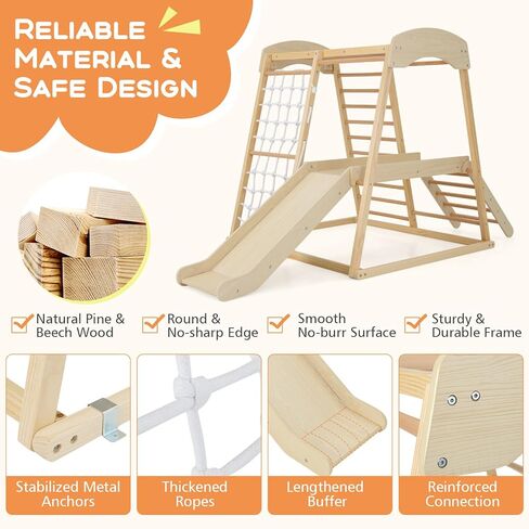 Honey Joy Kids Indoor Jungle Gym ، متسلق ملعب كبير 6 في 1 مع منحدر شرائح ، حانات قرد ، شبكة تسلق ، سلم ، ألعاب تسلق مونتيسوري الخشبية للأطفال الصغار الصغار (ملون) in Kuwait