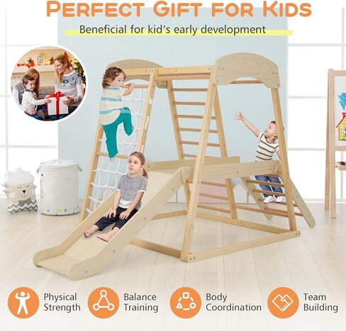 Honey Joy Kids Indoor Jungle Gym ، متسلق ملعب كبير 6 في 1 مع منحدر شرائح ، حانات قرد ، شبكة تسلق ، سلم ، ألعاب تسلق مونتيسوري الخشبية للأطفال الصغار الصغار (ملون) in Kuwait