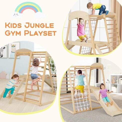 Honey Joy Kids Indoor Jungle Gym ، متسلق ملعب كبير 6 في 1 مع منحدر شرائح ، حانات قرد ، شبكة تسلق ، سلم ، ألعاب تسلق مونتيسوري الخشبية للأطفال الصغار الصغار (ملون) in Kuwait