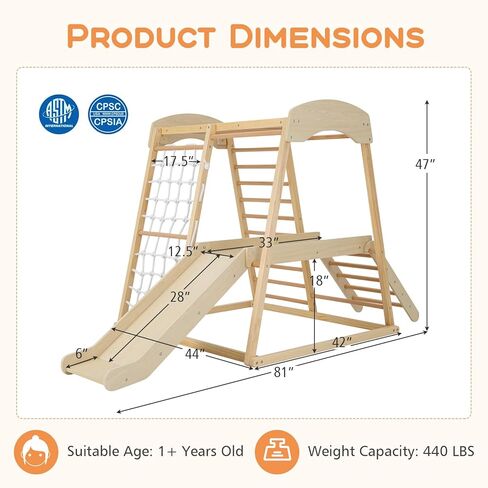Honey Joy Kids Indoor Jungle Gym ، متسلق ملعب كبير 6 في 1 مع منحدر شرائح ، حانات قرد ، شبكة تسلق ، سلم ، ألعاب تسلق مونتيسوري الخشبية للأطفال الصغار الصغار (ملون) in Kuwait
