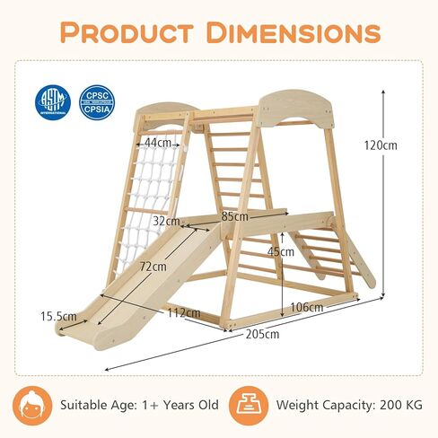 Honey Joy Kids Indoor Jungle Gym ، متسلق ملعب كبير 6 في 1 مع منحدر شرائح ، حانات قرد ، شبكة تسلق ، سلم ، ألعاب تسلق مونتيسوري الخشبية للأطفال الصغار الصغار (ملون) in Kuwait