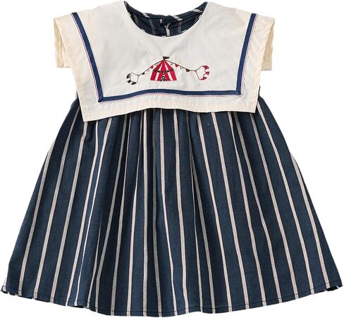 Baby Girls Sleeveless Navy Collar Striped Dress with Embroidery, 6 Months-12 Years, Summer Casual Style in Saudi Arabia