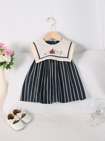Baby Girls Sleeveless Navy Collar Striped Dress with Embroidery, 6 Months-12 Years, Summer Casual Style in Saudi Arabia
