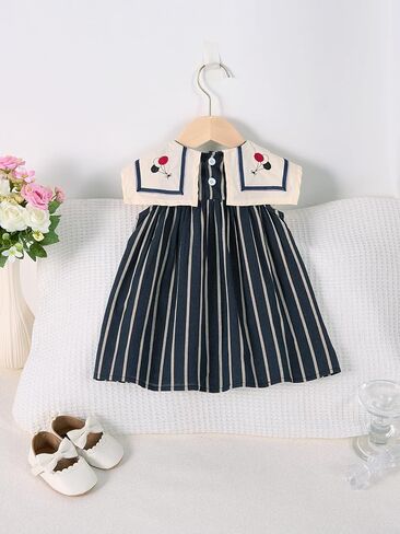 Baby Girls Sleeveless Navy Collar Striped Dress with Embroidery, 6 Months-12 Years, Summer Casual Style in Saudi Arabia