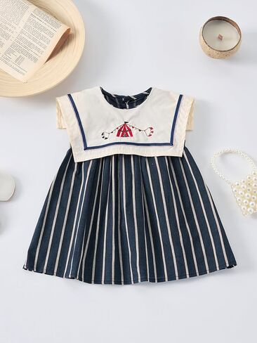 Baby Girls Sleeveless Navy Collar Striped Dress with Embroidery, 6 Months-12 Years, Summer Casual Style in Saudi Arabia