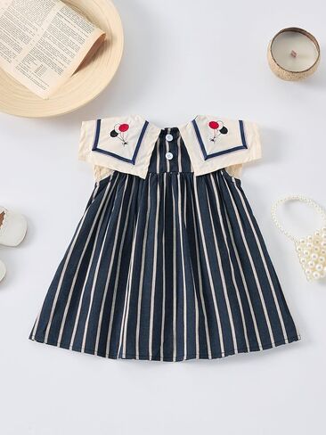 Baby Girls Sleeveless Navy Collar Striped Dress with Embroidery, 6 Months-12 Years, Summer Casual Style in Saudi Arabia