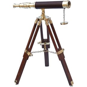 14 Inch Antique Brass Leather Telescope with Wooden Tripod Vintage Handmade Gift.