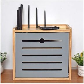 Wooden Router Storage Box Desktop Hider Rack WiFi Router Fenches Router Organizer Power Strip and Cable Management Storage Box