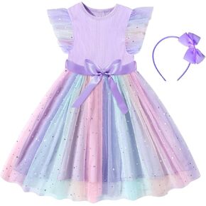 Toddler Baby Girl Tulle Dress Rainbow Tutu Princess Dress Sequin Ruffle Sleeve Sundress for Birthday Party 2-6Y