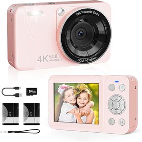 Digital Camera, 4K 64MP, 18X Zoom, Point and Shoot Digital Camera with 64GB SD Card & 2 Batteries, Portable Rechargeable Small Camera for Kids Teens Adult, Pink