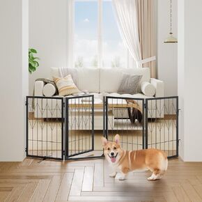 Dog Gate Indoor, 62.9" Wide Freestanding Pet Gate with Door Walk Through, 4 Panels Folding Dog Fences for Doorway, Stairs, Pet Puppy Safety Fence with Support Feet, Black DGHB26801N1