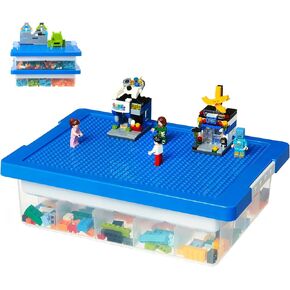Toys Storage Organizer Box for Lego, Toy Box with Building Plate Lid and Removable Tray, Building Block Storage, Stackable Plastic Organizer Bins
