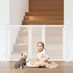 No Drill Baby Gate for Stairs No Bottom Bar, 34-55" Adjustable Baby Gate with Large Walk Thru Door, Mesh Dog Gate for Doorways, Swing & Dual Openings, No Drilling Pet Gate Child Safety Gate, White