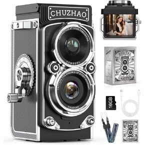 CHUZHAO Digital Camera Retro, Portable TLR Style Twin-Lens Vintage Camera, 12MP Autofocus 1080P FHD Point and Shoot Pocket Vlogging Retro Digital Cameras with16 GB Card for Beginners Teens Boys Girls