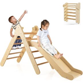 OLAKIDS Pikler Triangle Set 3 in 1 Climbing Toys for Toddlers Foldable Wood Montessori Baby Jungle Gym with Ramp Ladder Slide Kids Indoor Playground Activity Play Structure