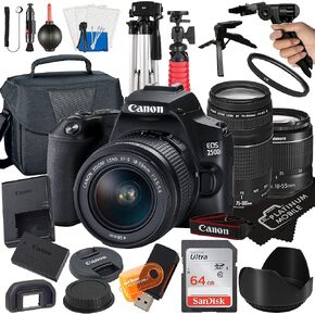 Canon EOS 250D / Rebel SL3 Digital SLR Camera 24.1MP CMOS Sensor with EF-S 18-55mm + EF 75-300mm Lens + SanDisk 64GB Card + Tripod + Case + MegaAccessory Bundle (22pc Bundle) (Renewed)