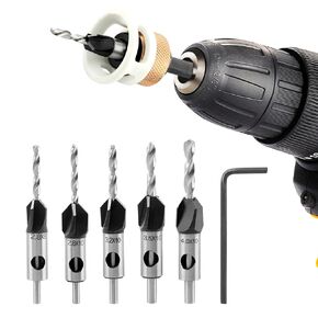 6 Pcs Countersink Drill Bit Set, 1/4" Quick Change Hex Shank Countersink Drill with Adjustable Low Friction Depth Stop, Replaceable HSS Tapered Bits & Hex Wrench for Woodworking