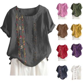 Womens Embroidered Tops Summer Boho T Shirts Loose Fit Casual Short Sleeve Floral Blouses