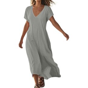 Linen Dresses for Women 2025 V Neck Short Sleeve Loose Casual Dress with Pockets Flowy Summer Sundresses Maxi Dress