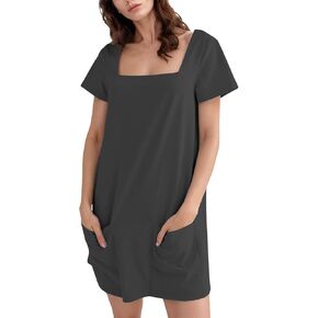 Womens Summer Dresses with Pockets Short Sleeve Square Neck Tshirt Dress Comfortable Solid Casual Short Dress