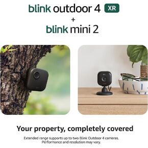 Blink Outdoor 4 XR + Mini 2 — Wireless and plug-in security cameras, motion detection, extended range. Sync Module XR included — 4 camera system + Mini 2 (Black)