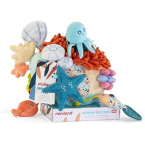 Miniland Sensorial Reef Plush Rattle: Baby Toy & Toddler for Teething, Sensory Development, and Textured Fun - Toty Finalist, Fully Washable Baby Tools for Children