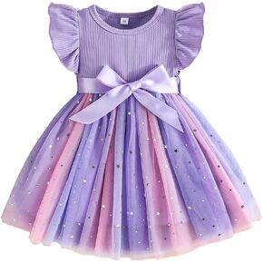 1-5Y Baby Toddler Girl Ruffle Tutu Dress Kids Girl Sleeveless Tulle Dresses Ribbed Tops Stars Skirt Birthday Outfits