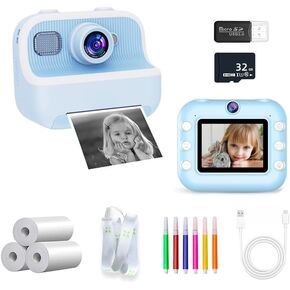 Kids Camera Instant Print, Front Rear Dual Selfie Camera with 1080P Videos, Christmas Birthday Gifts for Girls Age 3-12, with 32G Card