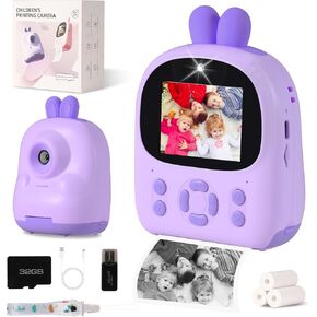 Kids Camera Instant Print - 48MP HD Digital Camera with B&W Photo Printing, 16X Zoom, 32GB Card, Games & MP3 Player for Girls & Boys Ages 3-12 (Purple)