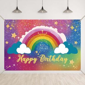Rainbow Birthday Party Backdrop Pink Gold Clouds Hearts Rainbow Background for Photography Girls Banner with Copper Grommets