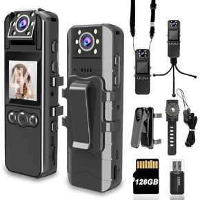 Body Camera with Audio and Video Recording, Unltra 4K Body Cam with 180° Rotating Lens, IR Cut Auto Night Vision, 6HR Battery, 128GB Body Worn Camcorder Personal Police (128G 4K Pixel)
