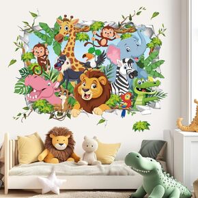 wondever 3D Jungle Animals Tropical Leaves Wall Stickers Safari Lion Elephant Giraffe Peel and Stick Wall Art Decals for Baby Nursery Kids Bedroom Living Room