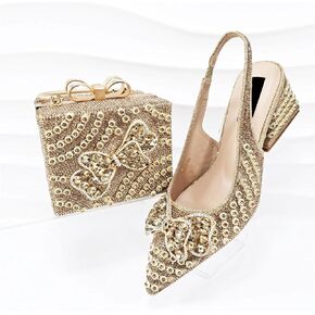 Women Gold African Wedding Shoes Set Italian Rhinestone Bridal Pumps and Matching Evening Bag Party
