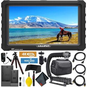 Lilliput A7S Full HD 7 Inch IPS Video Camera External Field Monitor with 4K Support (Black Case) Essentials Bundle with Stabilizing Handle + Tripod + HDMI Cables + Carrying Case + Cleaning Kit